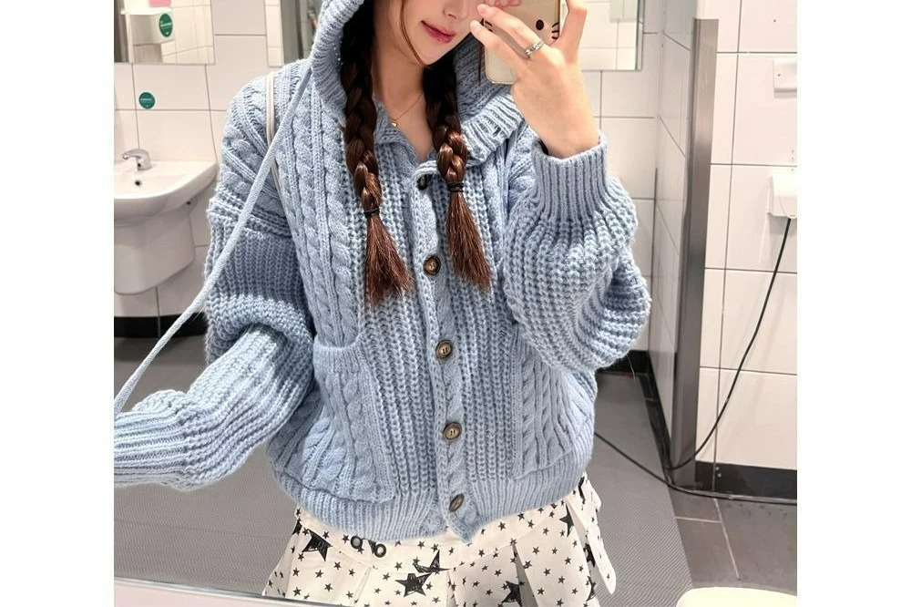 

Vintage Cable Knit Hooded Sweater Cardigan for Women 2025 Autumn Winter Lazy Style Knitted Top Coat