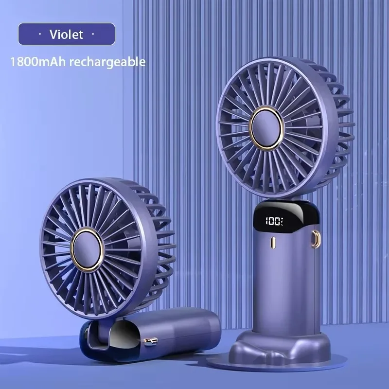 Handheld-Mini-Ventilator, faltbar, tragbar, zum Aufhängen am Hals, 5 Geschwindigkeiten, wiederaufladbarer USB-Ventilator mit Telefonständer und Bildschirm, 1800 mAh
