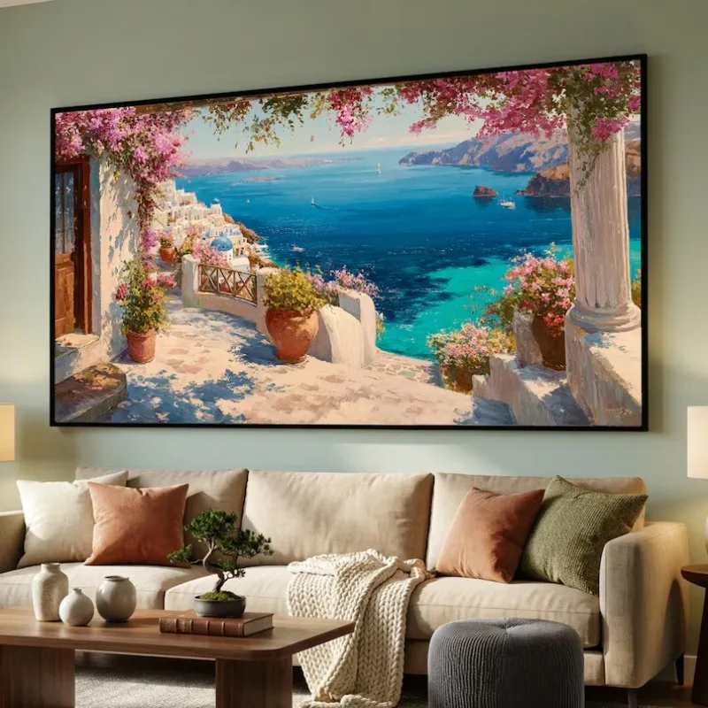 Affiche sur toile avec vue sur la côte méditerranéenne, paysage paisible du lac de Como, terrasse florale de Santorin, peinture sur toile, images d'art murales, décoration de la maison