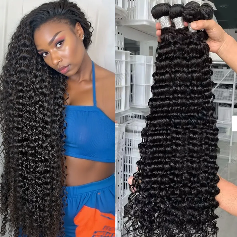 

30, 34-дюймовые человеческие волосы с глубокими волнами, 3 4 пучка, бразильские Remy, 100% необработанные плетения, вьющиеся пучки волос, плетение наращивания, предложения