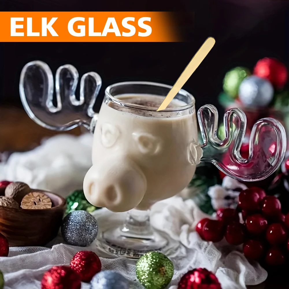 1Pc Christmas Elk Glass Cup Cute Reindeer Clear Glass Mug Hot Cold Drink Cup Creative Moose Holiday Drinkware Christmas Gift