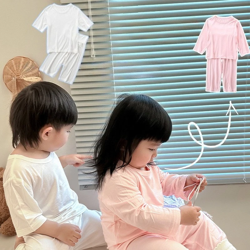 

Children's Modal Pajamas Boys' Belly Air Conditioning Clothing Girls' Home Clothing Baby Long Sleeve Seven Sleeve Set