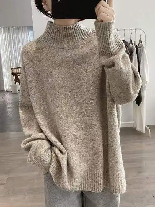 ارتفاع طوق تريكو ملابس خارجية فضفاضة التخسيس البلوز الخريف الشتاء Sle لينة مريحة قاعدة طبقة عادية Faion المرأة #4