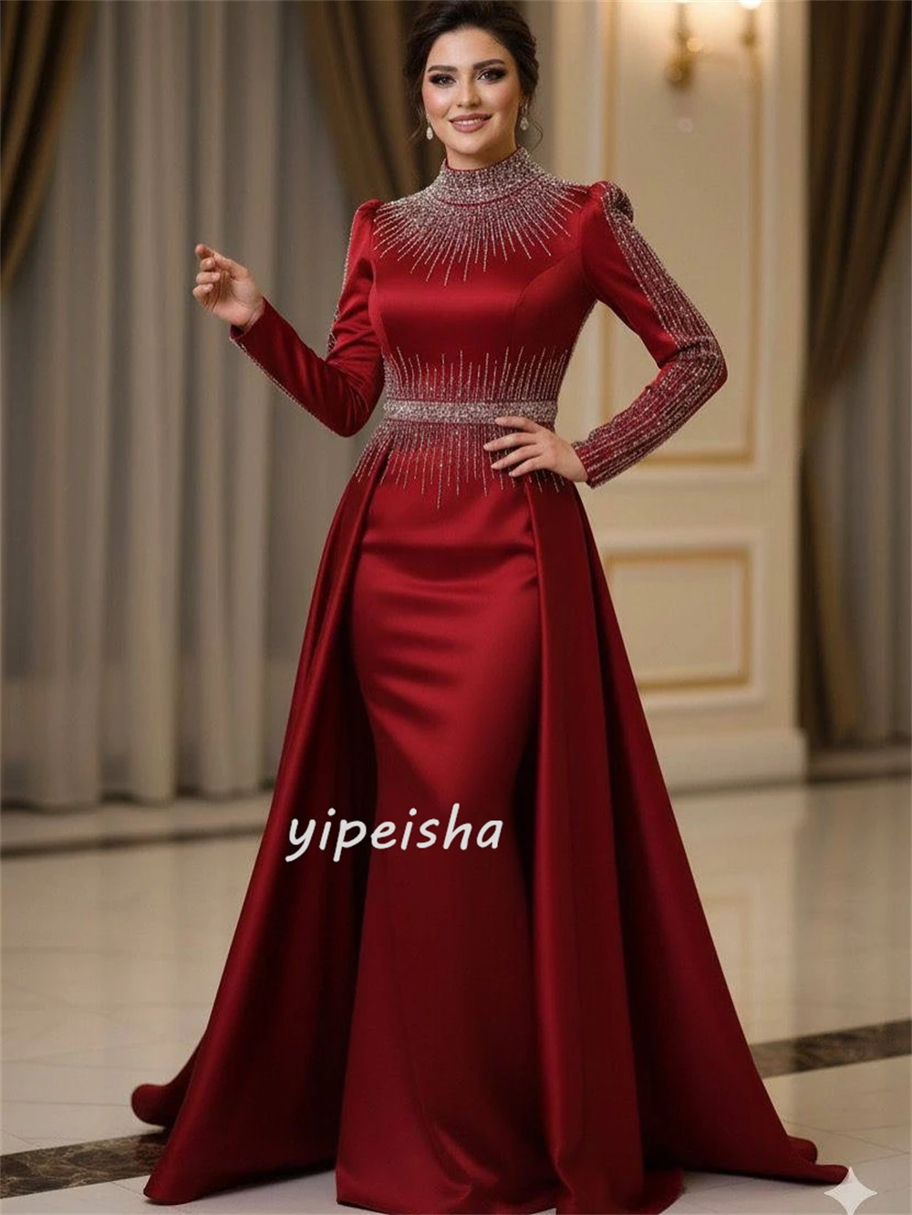 맞춤형 고급 포멀 샤무즈 라인스톤 주름 머메이드 하이 칼라 롱 드레스 맞춤형 행사 드레스 세트