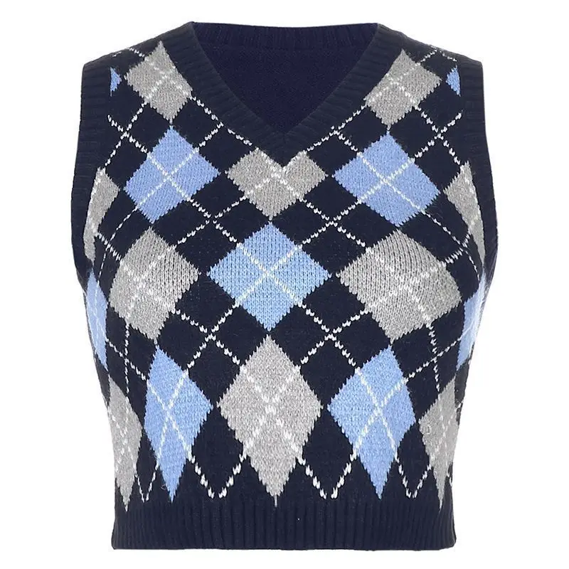 

Women's British Vintage Cropped Knitted Vest V-neck Slim Fit Argyle Sweater Vest Preppy Versatile Layering Top for Spring Autumn