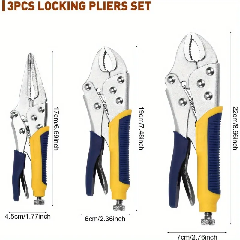 3pcs 7-inch Curved Jaw Locking Pliers 6-1/2” Long Nose Straight Jaw 8-inch Curved Grip Pliers Set V-jaw Locking Pliers