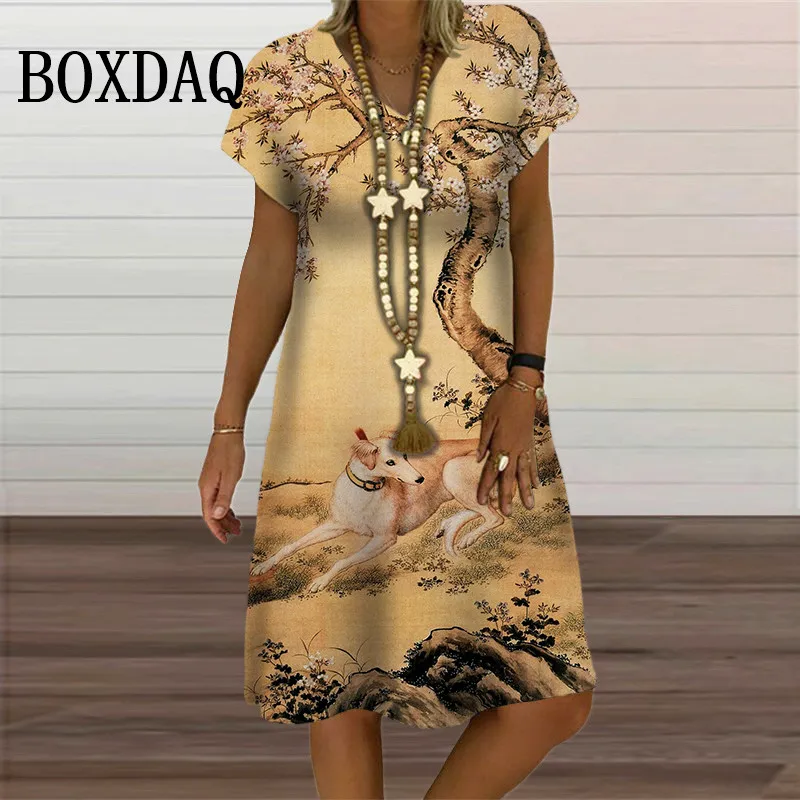 Summer Retro Painting Bird Print Dresses For Women 2024 Short Sleeve V-Neck Pullover Female Clothing Casual Plus Size Dress 6XL