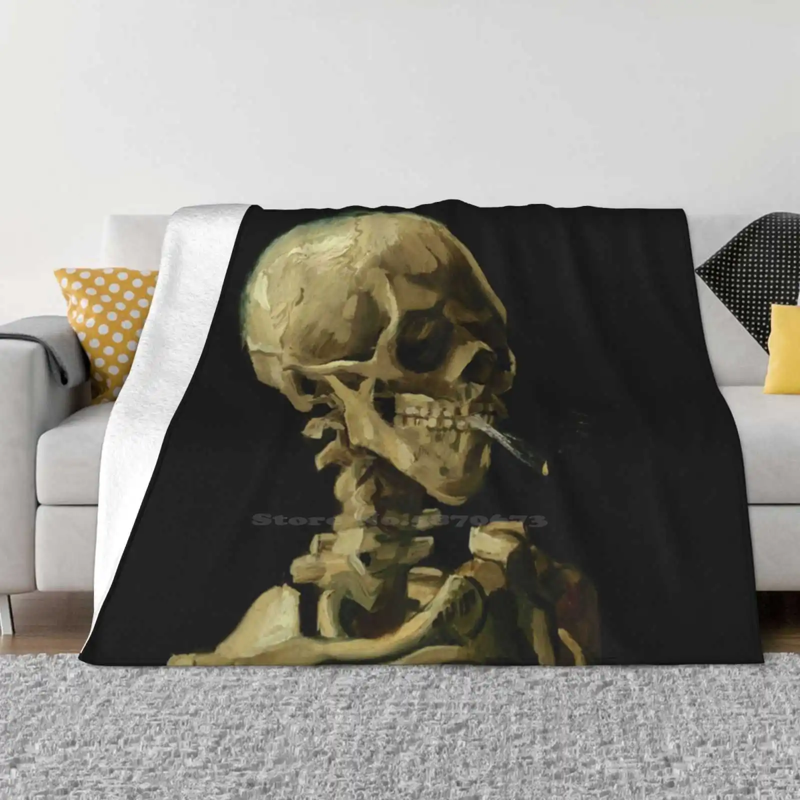 Vincent Van Gogh-Skull Of A Skeleton With Burning Cigarette Creative Design Comfortable Warm Flannel Blanket Tuxedo Smoke