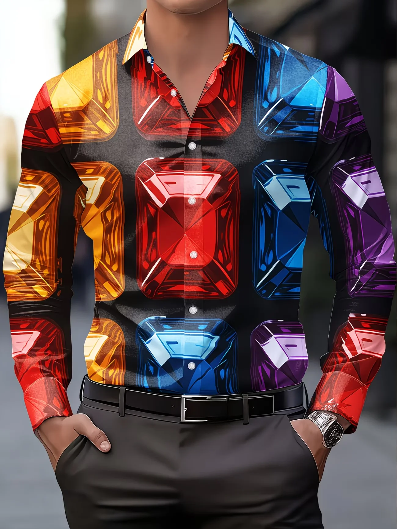New Colorful Starry Sky Skull Printed Men's Long Sleeve Shirt Personalized Trendy Brand Style Casual Flower Shirt