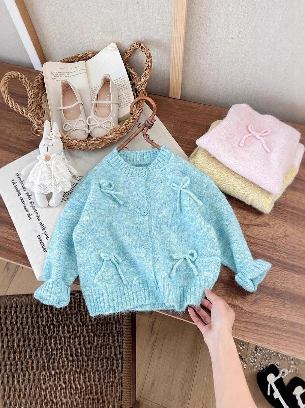 

Trendy Knot Open Cardigan Outerwear for Girls Autumn Winter Versatile Knitted Sweater Loose Fit Long Sve round Ne