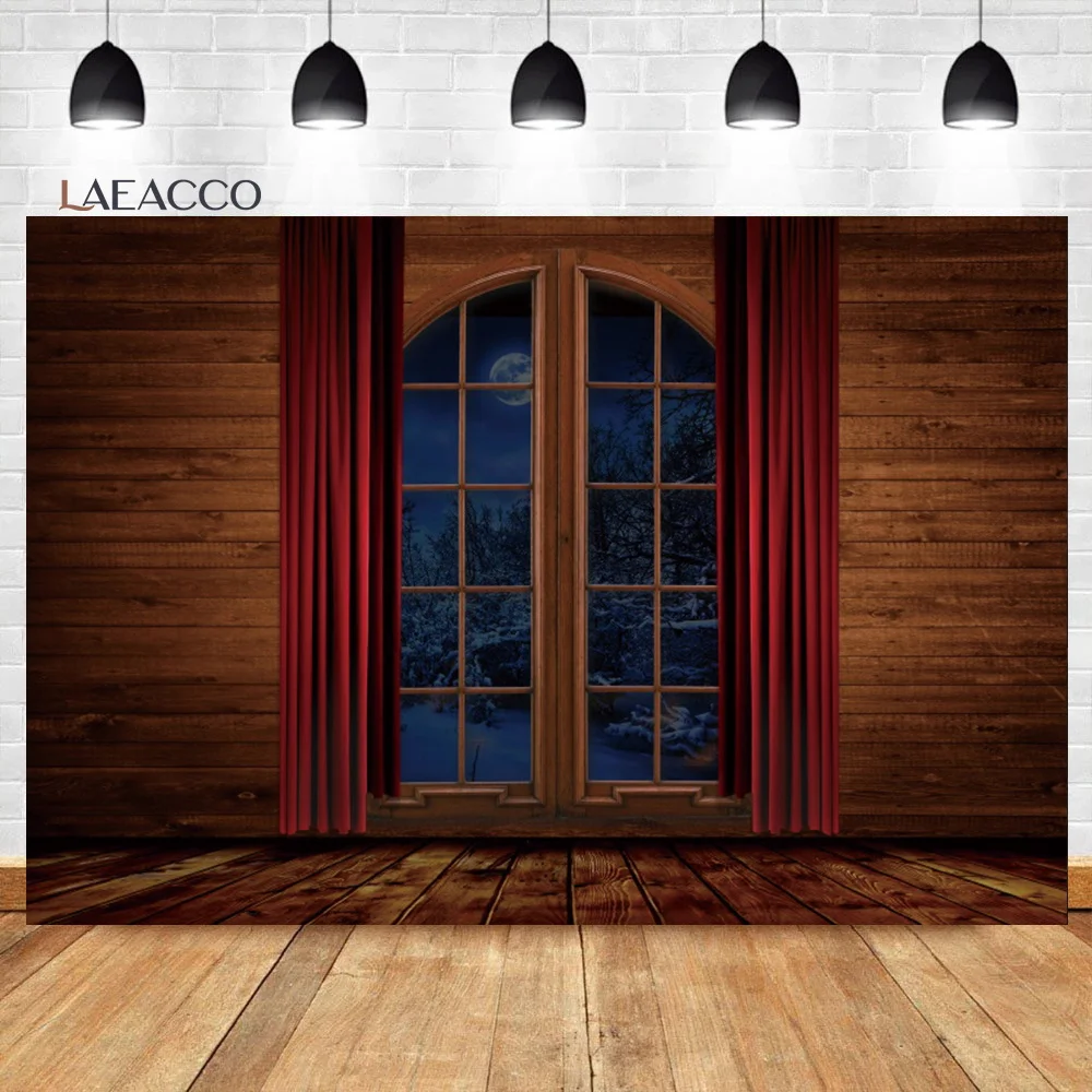 

Laeacco Rustic Wood House Interior Background Night Moon Snow Kids Newborn Christmas Portrait Customized Photography Backdrop