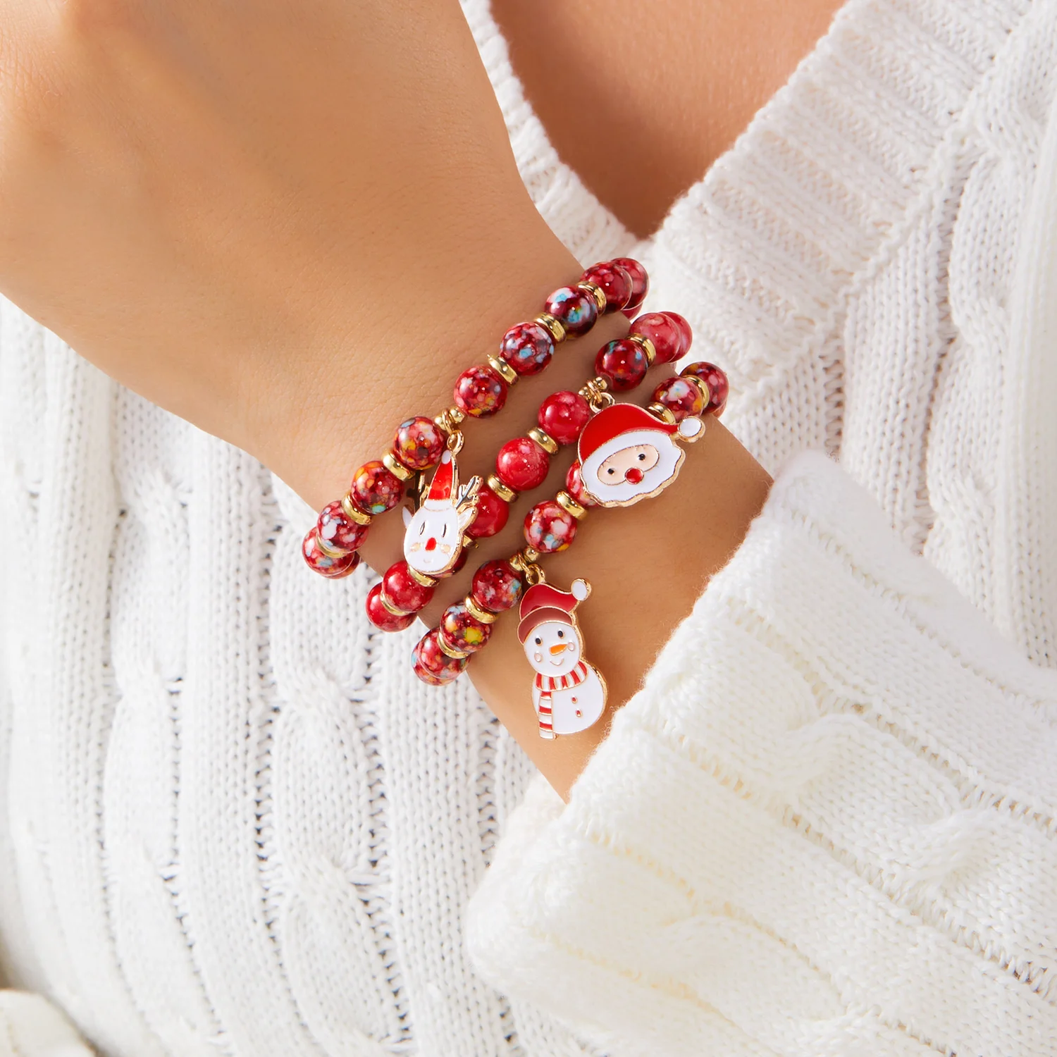 3 Pcs/Set Christmas Snowman Elk Beaded Bracelet for Women Fashion Adjustable Elastic Stacking Bracelet Party Jewelry Gifts