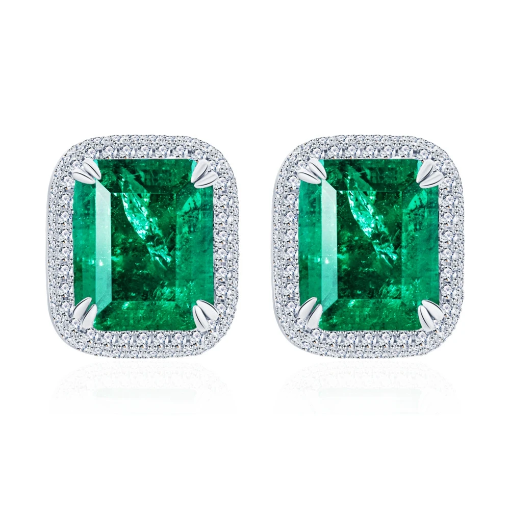 Vinregem 10*12 MM 4.2CT Paraiba Tourmaline Emerald High Carbon Diamond Gemstone Fine Studs Earrings 925 Sterling Silver Jewelry