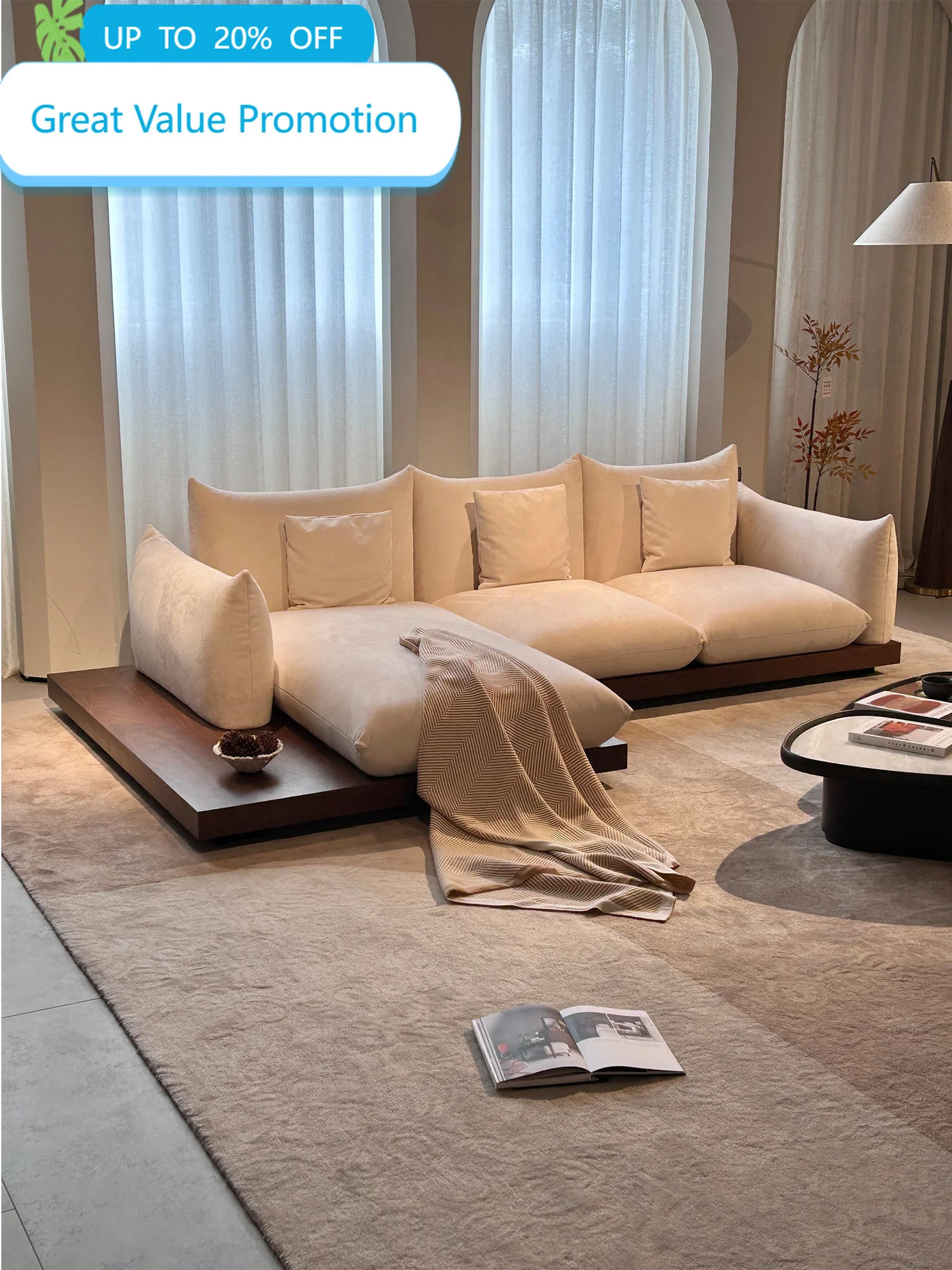 Cream Suede Fabric L Shaped Sectional Sofa Chaise Oversized Pillow Backrest Wooden Platform Deep Seat For Living Room Villa Home