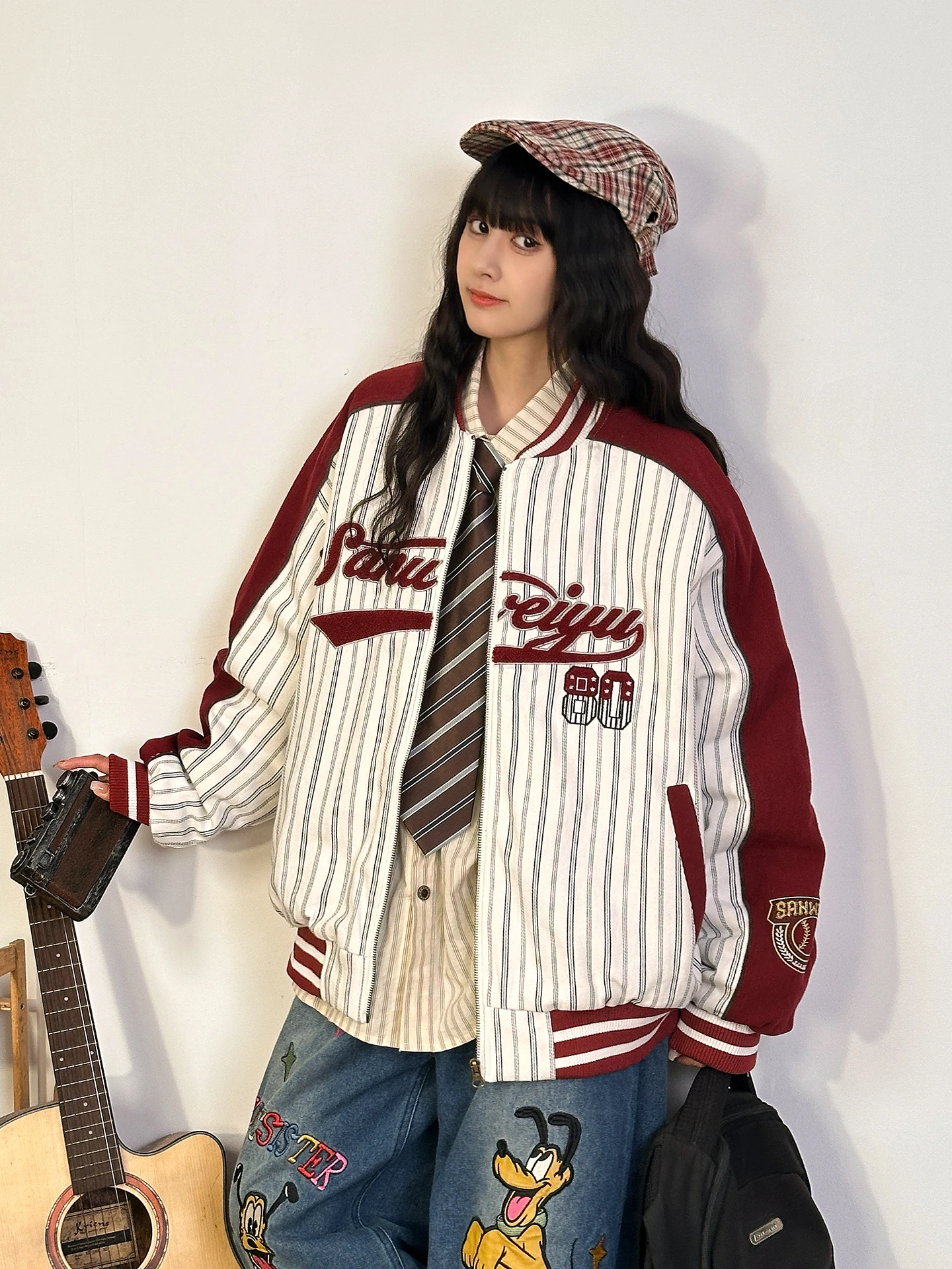 

Оригинальная американская ретро-куртка в полоску, цветная, в стиле бейсболки, женская, зимняя, теплая, повседневная, хлопковая, уличная, свободного кроя