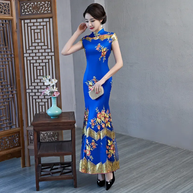 

Атласное женское платье Ципао с высоким разрезом, Cheongsam размера плюс 3XL-5XL, китайское платье с цветочным воротником-стойкой, Vestidos, вечернее платье