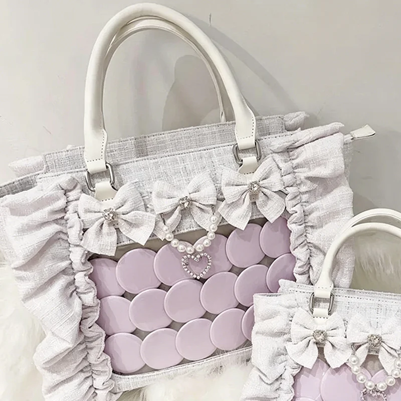 Japanese Ruffled Bow Bead Ita Bag College Style JK Girls Large Capacity Tote Bag Sweet Exquisite Transparent Window Handbag - view 3