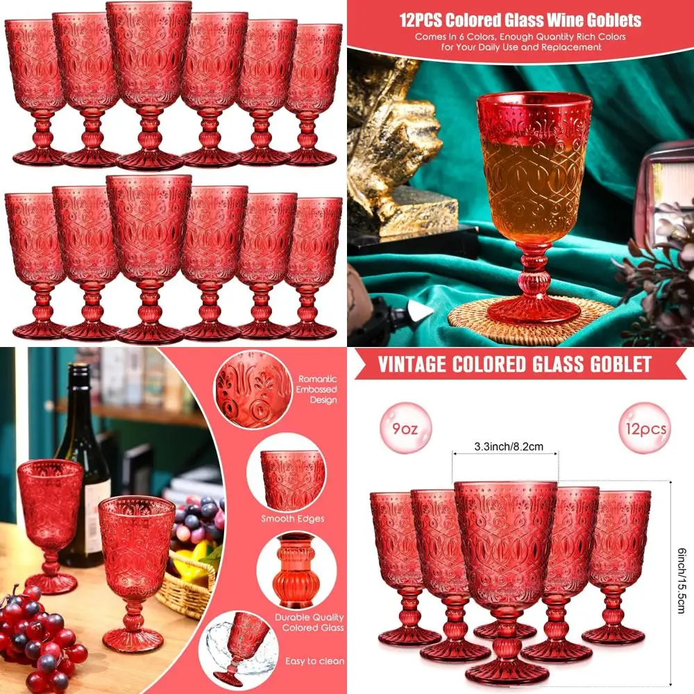 

Vintage 12-Piece Wine Glass Set - 9 oz Colored Stemmed Goblets with Embossed Design for Romantic Beverages