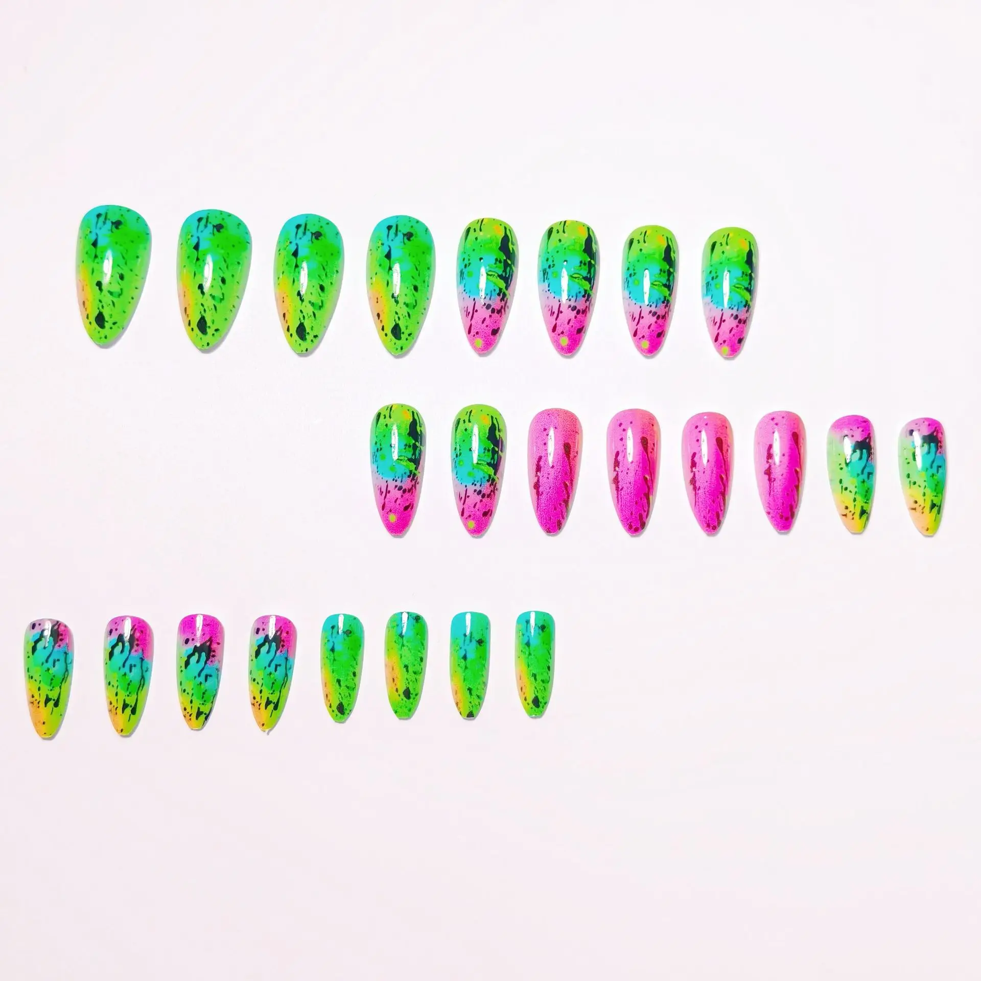 Medium fake nails for women girls Y2K gradient green blue orange blue graffiti Square almond nail tips full cover press on nails view 5