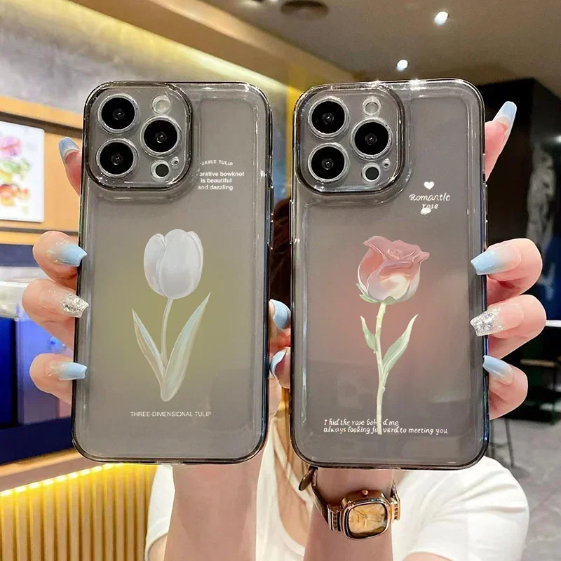 Funda de teléfono Tulip para iPhone 13, 11, 12, 14, 15 16 Pro Max XR X XS Max 7, 8, 15 Plus, funda transparente a prueba de golpes, Fundas suaves de