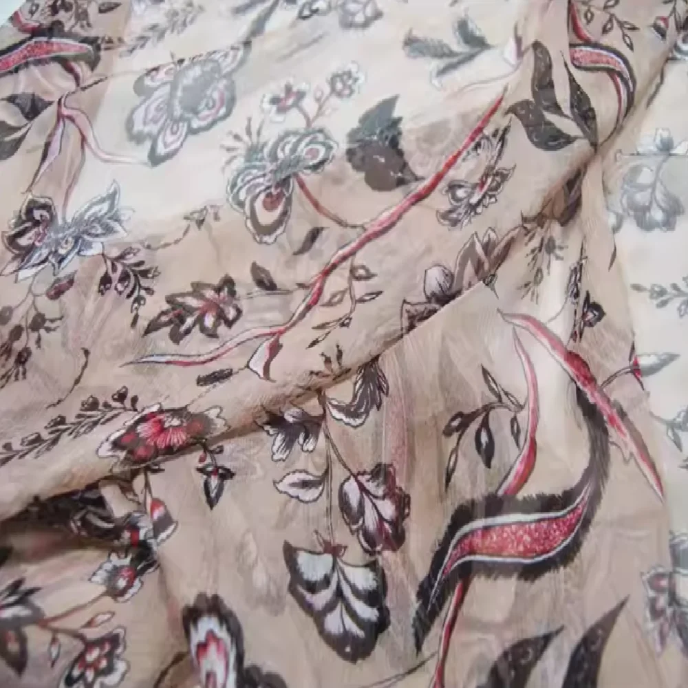 

Lovely Beautiful Floral Soft Best Quality Printed 100% Pure Silk Crinkle Chiffon Georgette Fabric for Trendy Clothes Sarongs