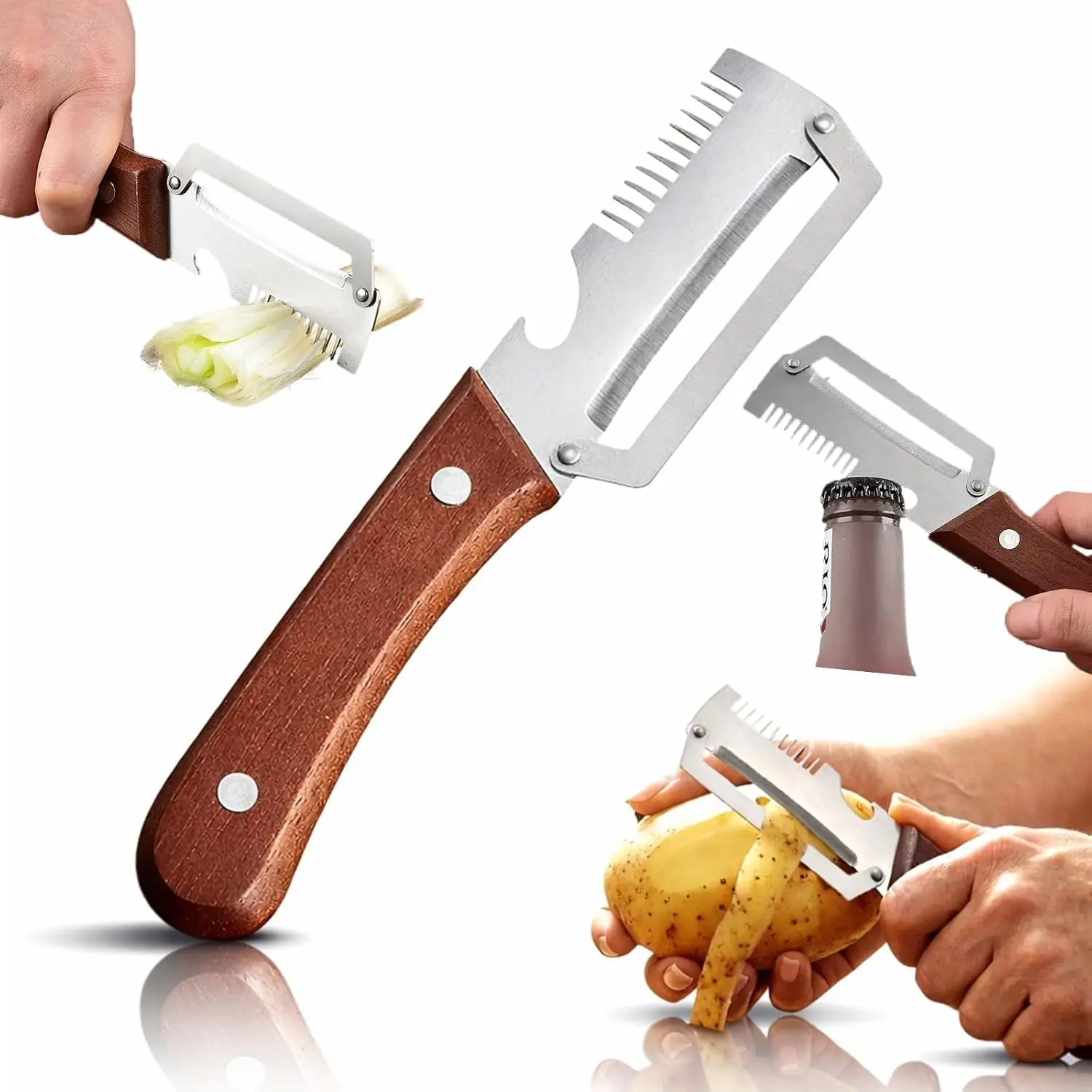 3in1 Multifunctional Kitchen Gadgets Vegetable Peeler with Wooden Handle Bottle Opener and Grater for Potatoes Pumpkin Garlic