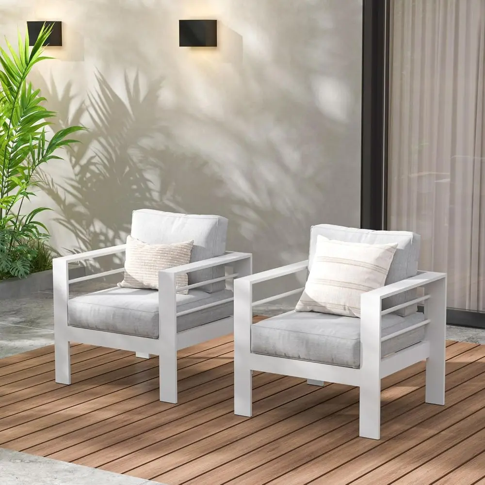 

Weather-Resistant Outdoor Armchair with Grey Cushions, White Metal Patio Sofa