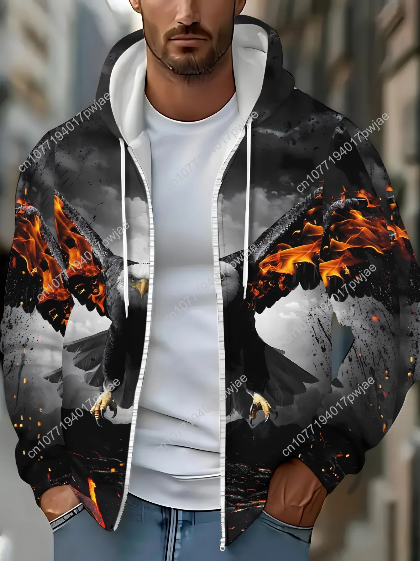 Moletom masculino com zíper Fiery Eagle, poliéster durável, leve e elegante, moletom com capuz gráfico em negrito, ajuste confortável, para viagens em academia ou