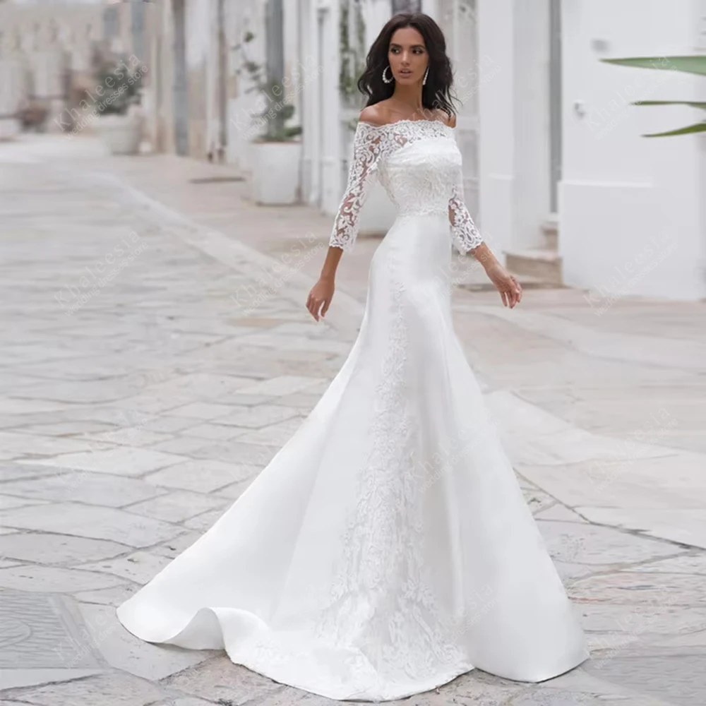 

Gorgeous Wedding Dresses Satin Bridal Gowns Lace Appliques Off The Shoulder Robes For Formal Party Vestidos De Novia Customized