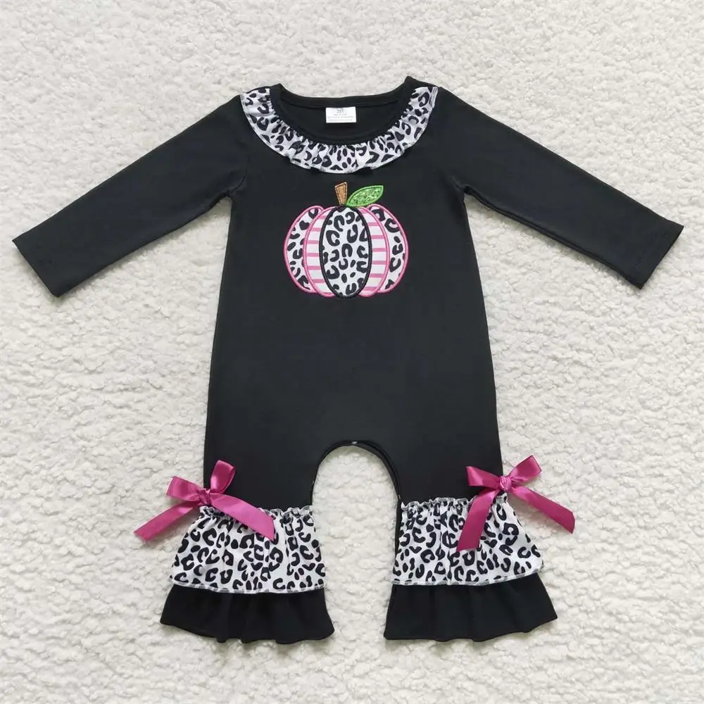 

Wholesale Newborn Children Thanksgiving Romper Kid Toddler Long Sleeve Leopard Baby Girl Embroidery Pumpkin Snap Button Jumpsuit