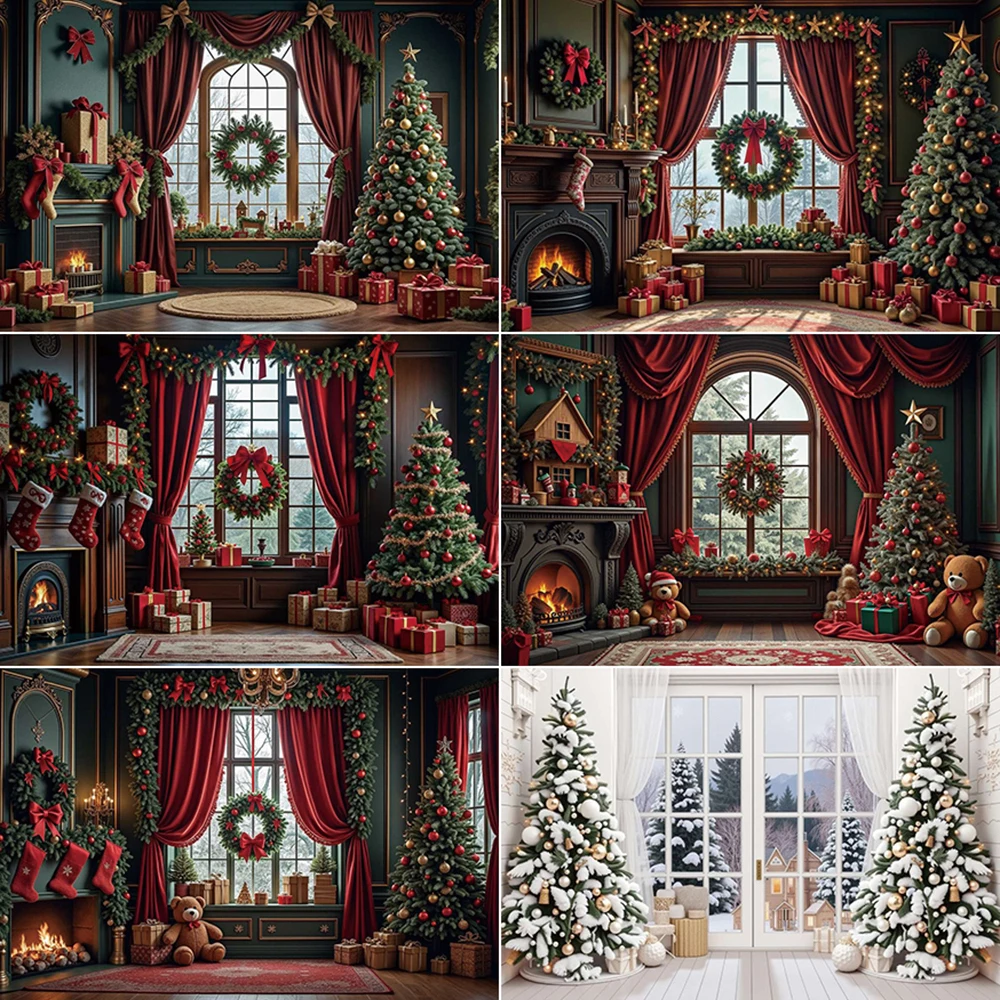 

MOON.QG Snowy Christmas Photography Backdrop Wreach Interior Red Curtain Photocall Background Baby Studio Photobooth Accessories