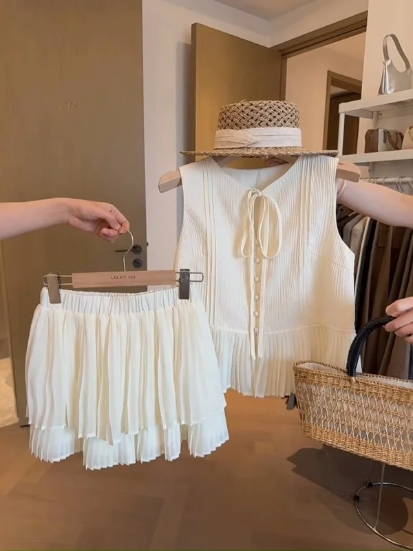 

Sweet Summer Two-Piece Set Women's Sleeveless Vest And Cake Skirt Belted Slimming Cute High Waist Pure Color Fashion Ensemble