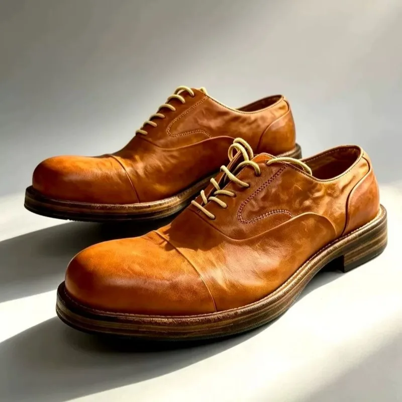 Horsehide Derby Shoes Men's Genuine Leather Thick Soled Dress Business Work Retro Washed Handmade Oxford Leather Shoes Male