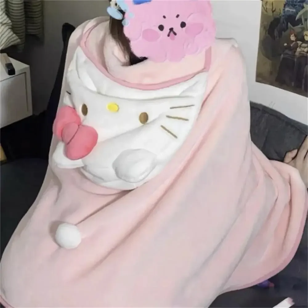 New Cute cartoon anime Hello Kitty hooded air conditioning blanket student dormitory office cape blanket home pajamas girl gifts