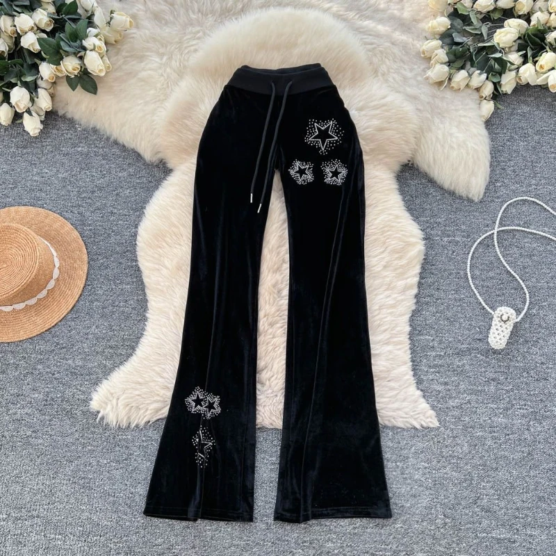 Fashion Heavy Industry Hot Diamond Elastic Waist Lace-up Low Waist Pants Women New Slim Fit Velvet Straight Leg Pants