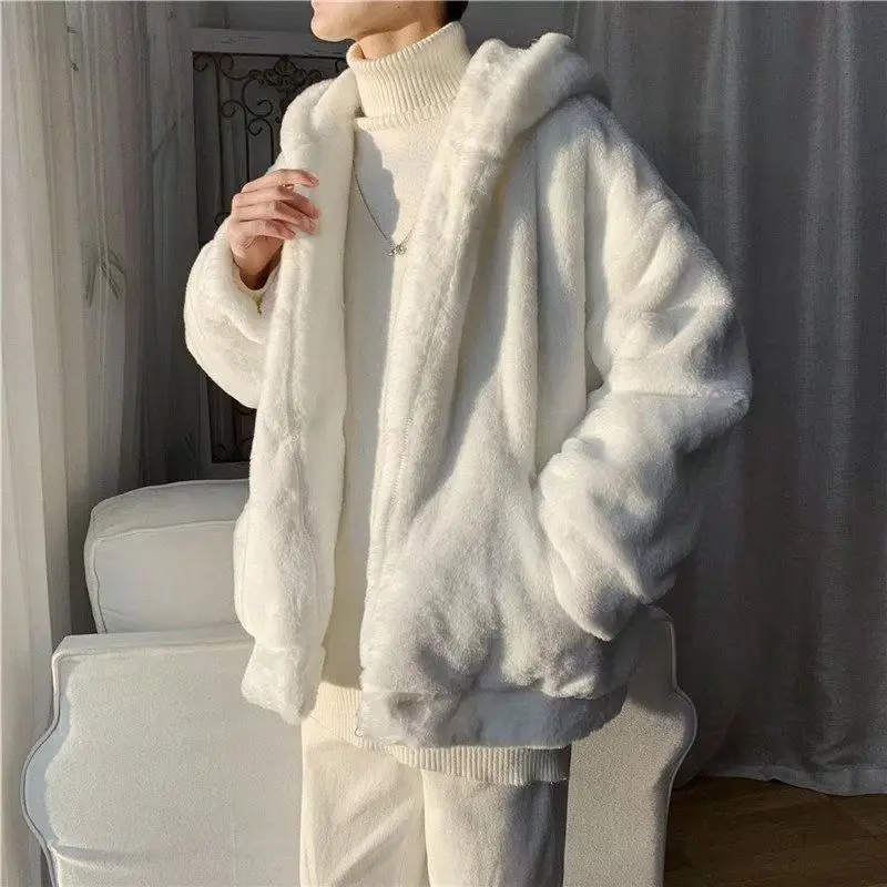 Solid Color Trendy Brand Fur Coat, Lamb Wool With Thick Fleece For Couples' Winter Clothes, Men's Cotton Jacket