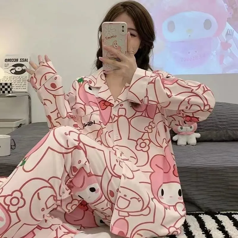 ins cartoon Melody pajamas Sanrio pajamas long-sleeved printing set loose and comfortable loungewear cute Melody loungewear