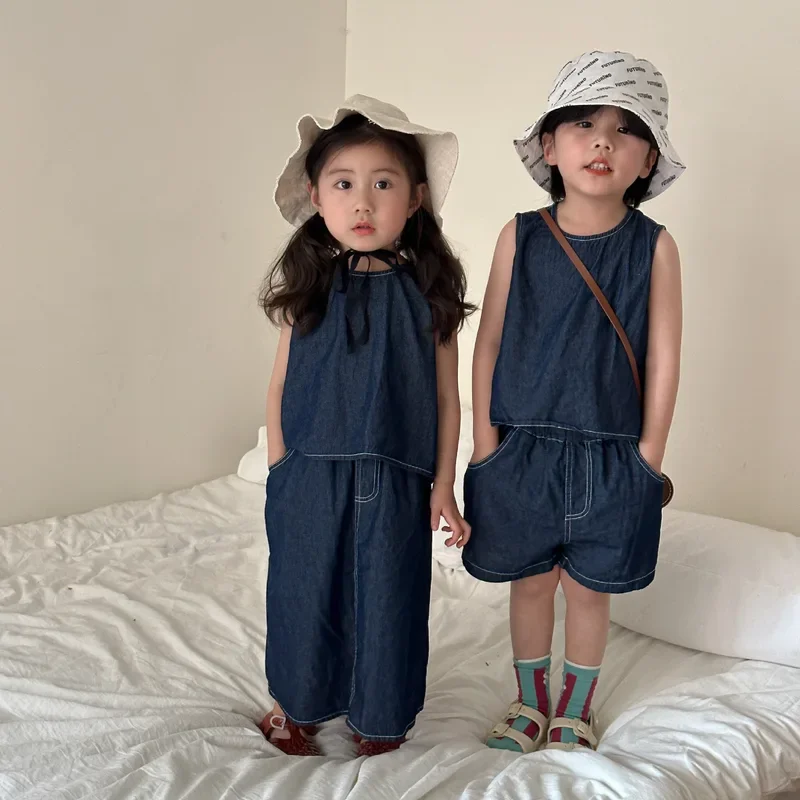 2024 Summer Brother Sister Denim Outfits Retro Solid Boy Children Sleeveless Tops Short 2pcs Girl Baby Cotton Casual Skirt Suit