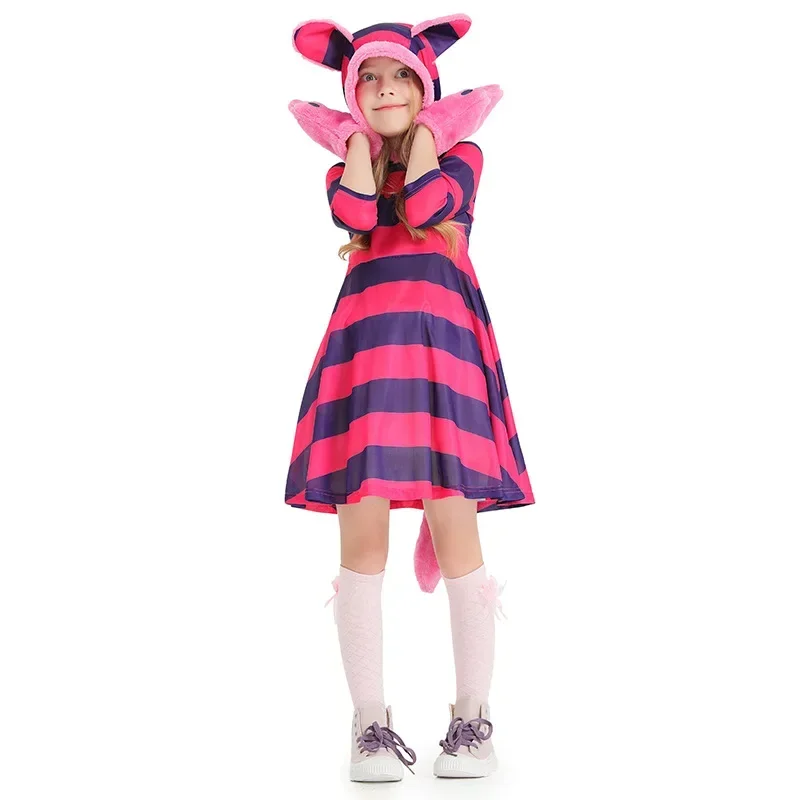 RT01 Umorden Child Kids Pink Cheshire Cat Costume for Girls 4-6Y 6-8Y 8-10Y 10-12Y Hallloween Purim Fancy Dress&Gf1
