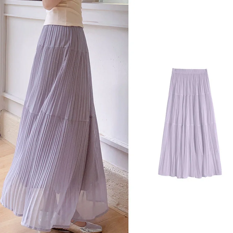 

Новые летние фиолетовые шифоновые юбки для женщин 2026: уличный стиль, высокая талия, стройнящие длинные юбки, прозрачные, с плиссировкой, А-силуэт