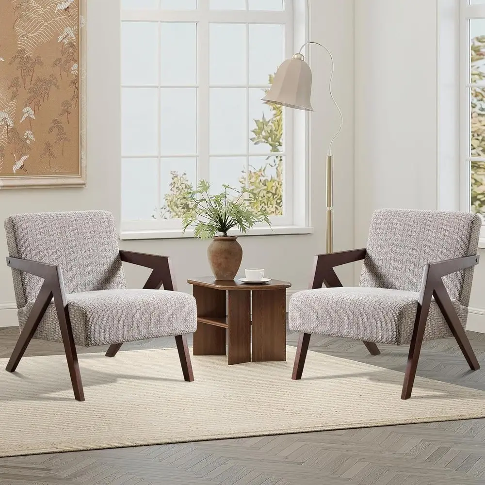 

-Century ern Accent Chair Set o 2 with Wood e, Upholstered Armchair or Bedroom & Living Room, Linen abric Cushion, Z-Shaped Armr
