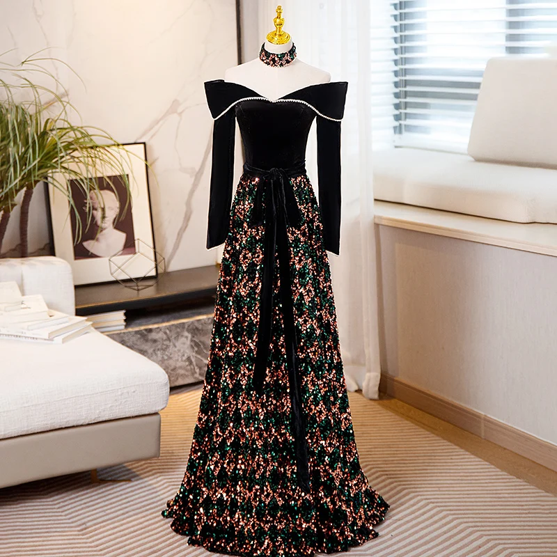 

Вечернее платье Ele Velvet с одним плечом для женщин, украшенное блестящими пайетками, идеально подходит для ежегодных корпоративных мероприятий и выступлений.