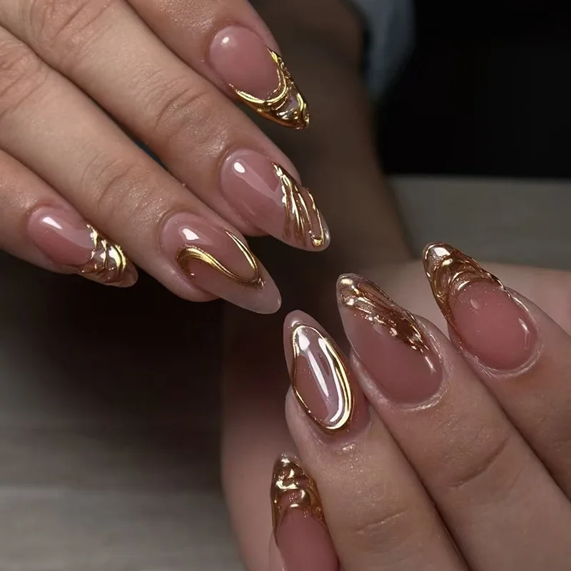 

24Pcs Nude Pink Almond Fake Nails with Golden Lines Design Long Round Head Press on False Nails Wearable Full Cover Nail Tips
