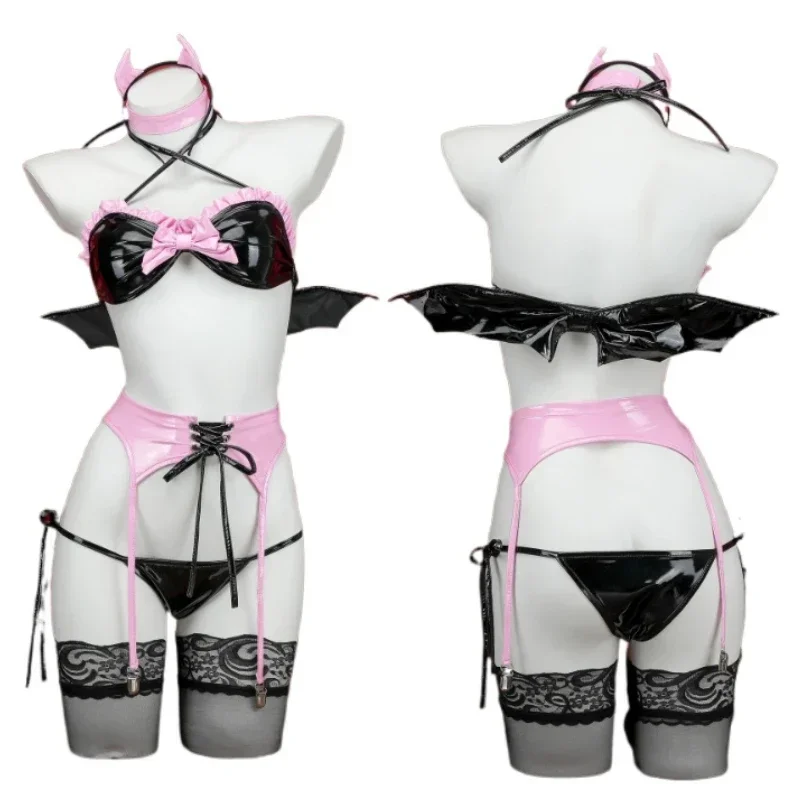 

N66Sexy Hell Rider Succubus Lingerie Role Play Outfits Amine Demon Set Halloween Cosplay Costume Faux Leather Hollow Dark Un2W$%