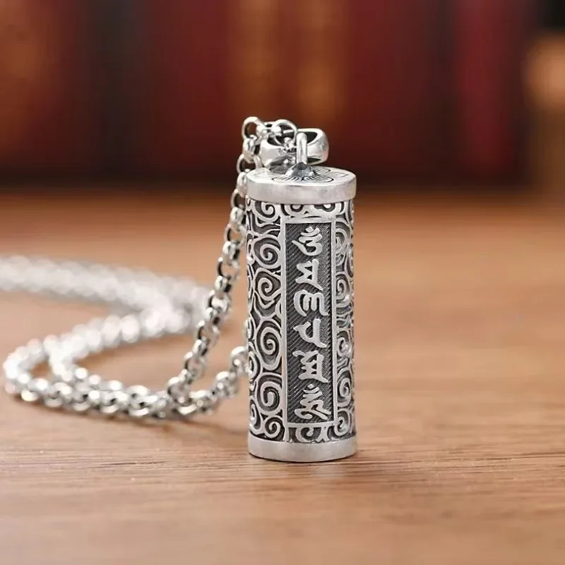 1Pcs 990 Pure Silver Pill Case Holder Pill Box Waterproof Cylinder Pendant Pill Box With Chain Necklace