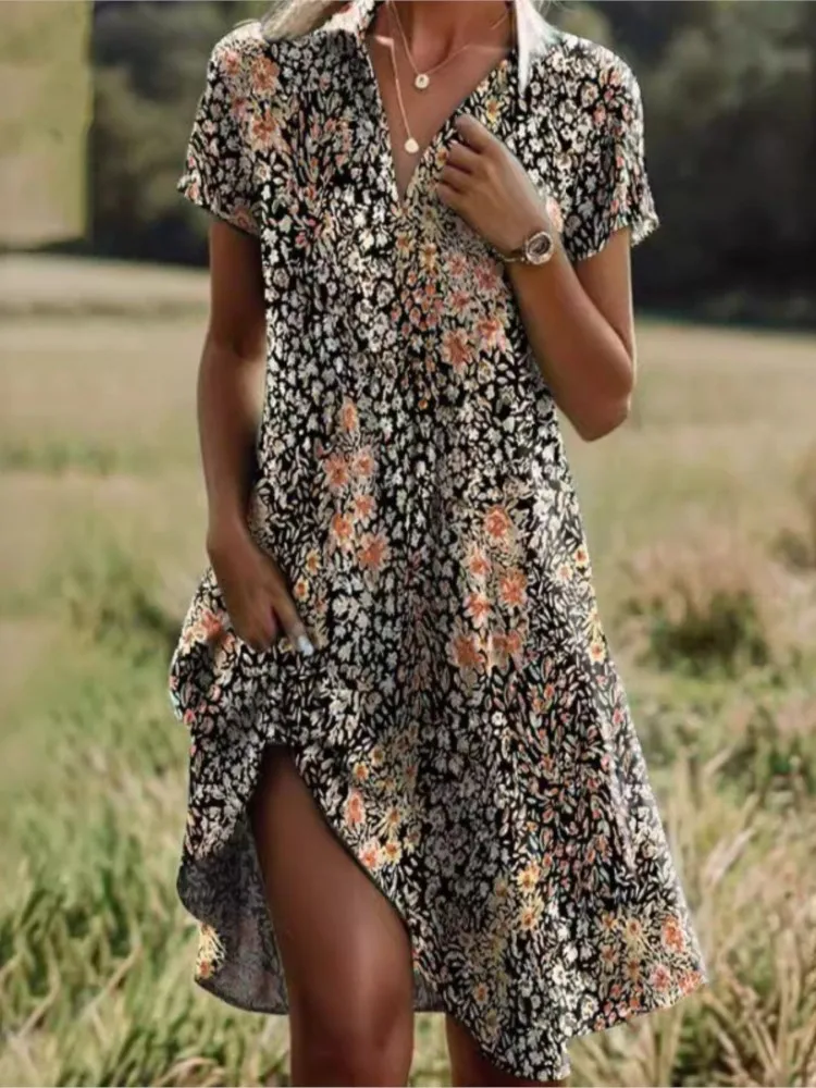 

2024 Summer New Women's Sexy V-neck Short Sleeved Long Dress Bohemian Fashion Flower Printed Knee Length Dress For Women