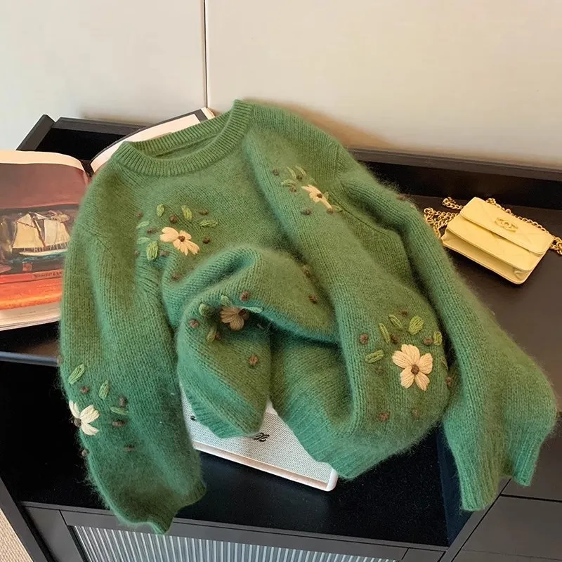 

Retro Floral Embroidery Soft round Ne Sweater Women Cleanfit Loose Sle Long Sve Ultra Thin Winter Faion Ladies Knitwear