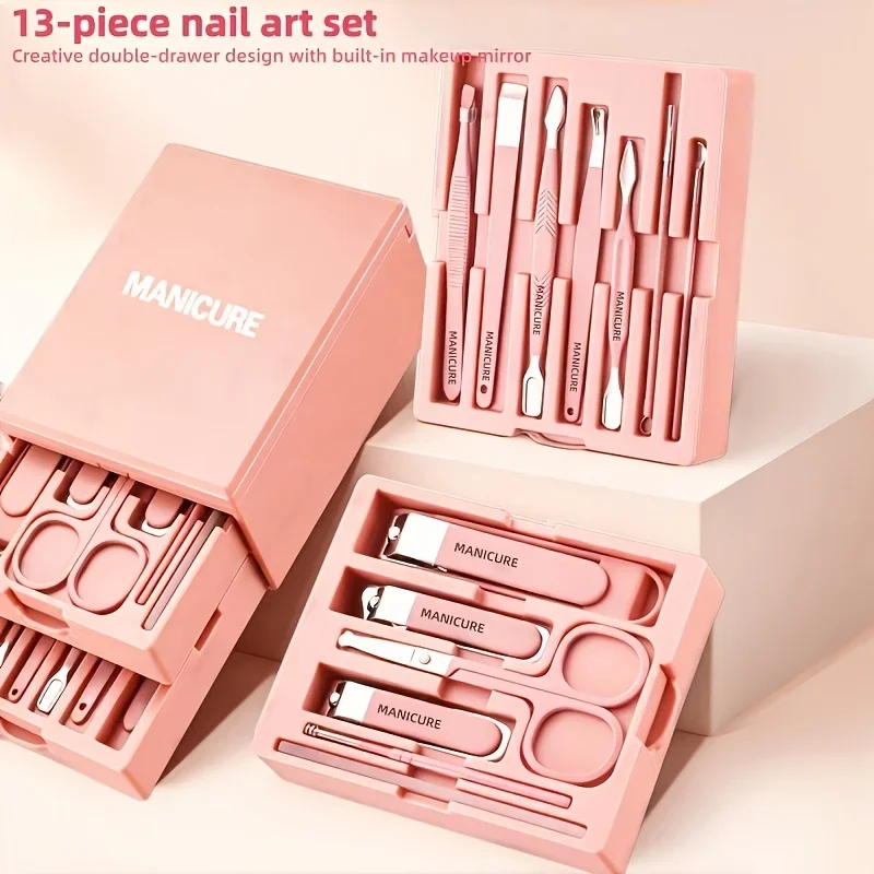 13pcs Pink Nail Care & Beauty Set with Mirror Nail Clippers Eyebrow Scissors Suitable for Manicure Pedicure Portable Case 2