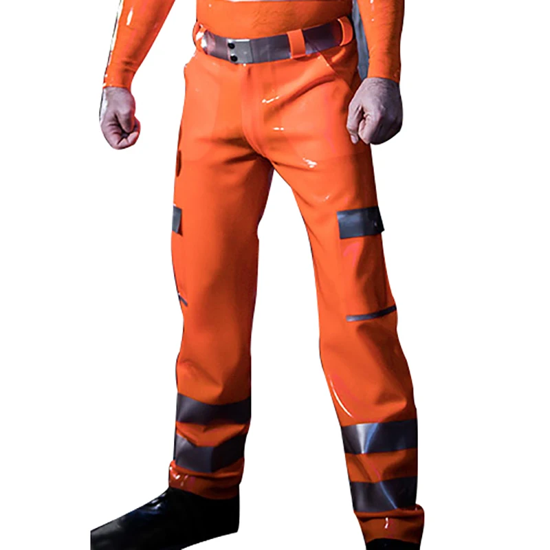 Silver And Orange Sexy Latex Polo Shirts Top Cargo Pants Rubber Jeans Trousers Bottom YF-0428 view 5