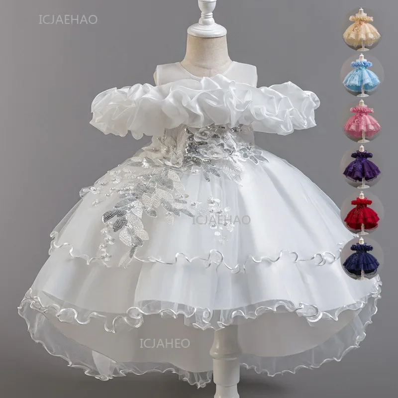 Girls Flower Girl Dress with Train Tulle Princess Gown Christmas Birthday Party Pageant Formal Dresses Kids Children Clothing